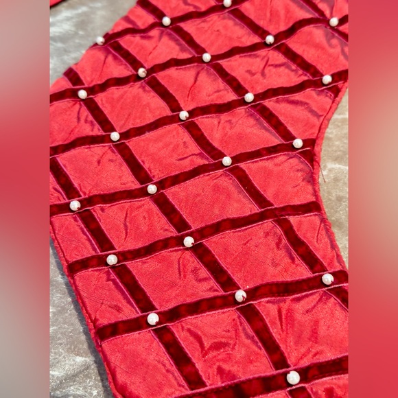 Burgundy Red Velvet & Pearl CrissCross Embroidered Christmas Stocking Maximalist - Picture 10 of 10